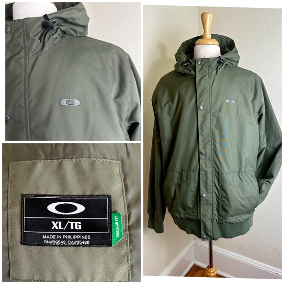 Oakley Jacket Men XL Olive Green Nylon Hooded Windbreaker Parka Coat Ex Cond! - Picture 1 of 14